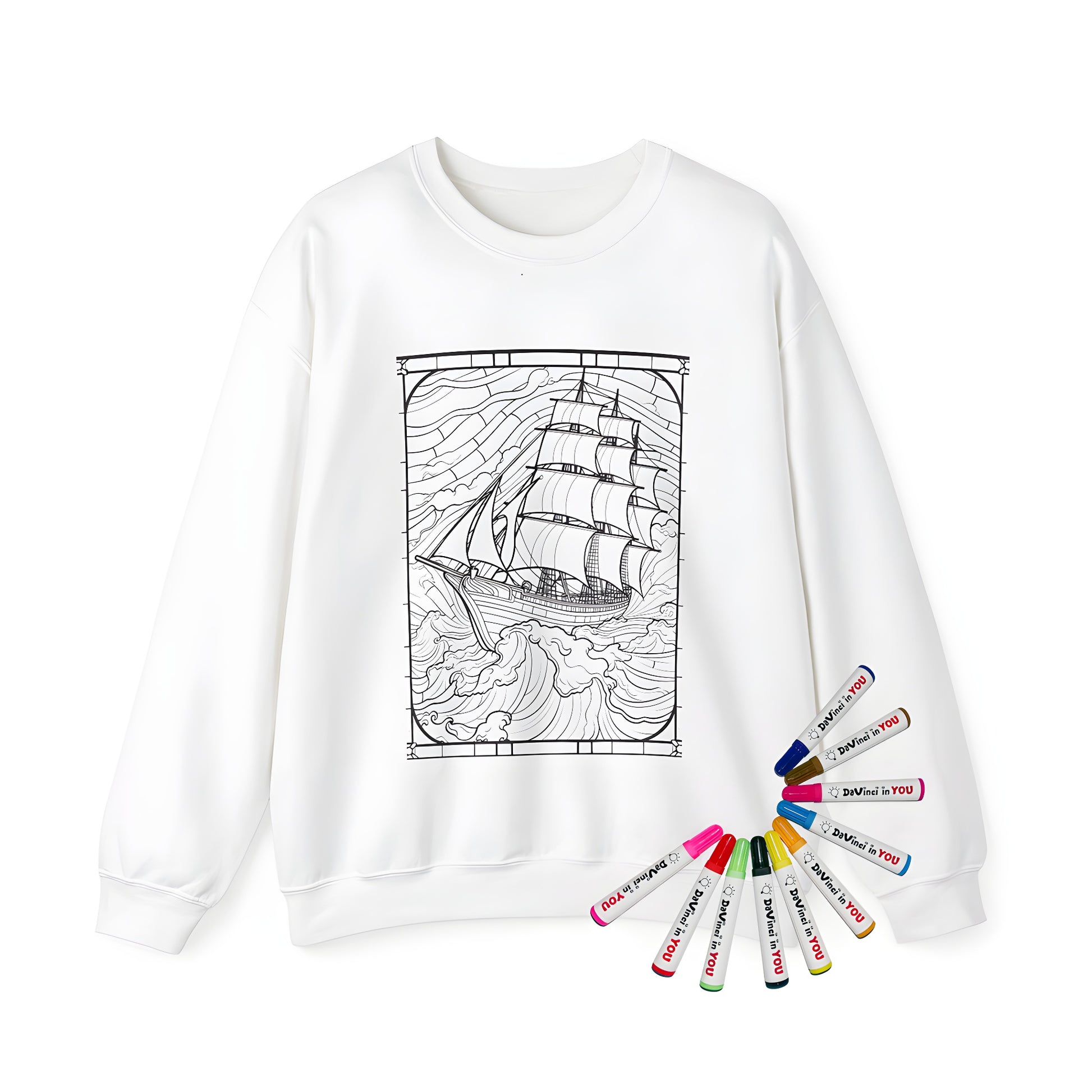 Adult coloring sweatshirt with sailing vessel design, perfect for art therapy or relaxation. Detailed line art of a boat in rough seas, featuring intricate waves and sails, printed on high-quality fabric. Great gift for sailing enthusiasts or anyone who loves to color and relax.