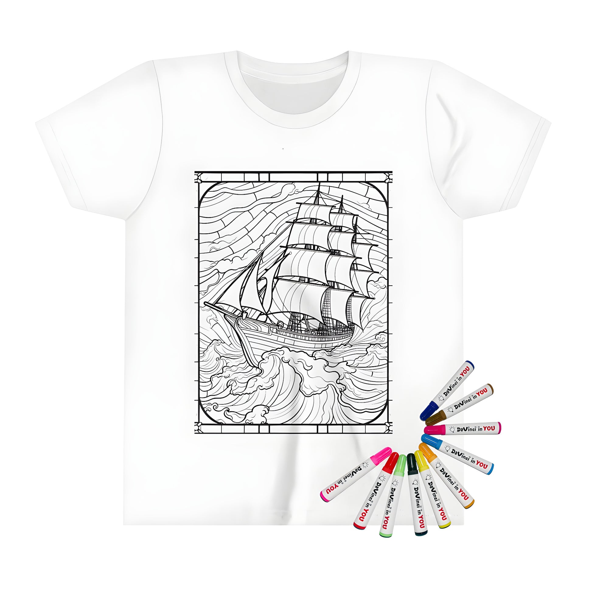 Kid's T-shirt featuring an illustrated sailing vessel in rough seas, perfect for coloring and fun