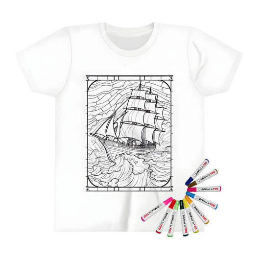 Kid's T-shirt featuring an illustrated sailing vessel in rough seas, perfect for coloring and fun