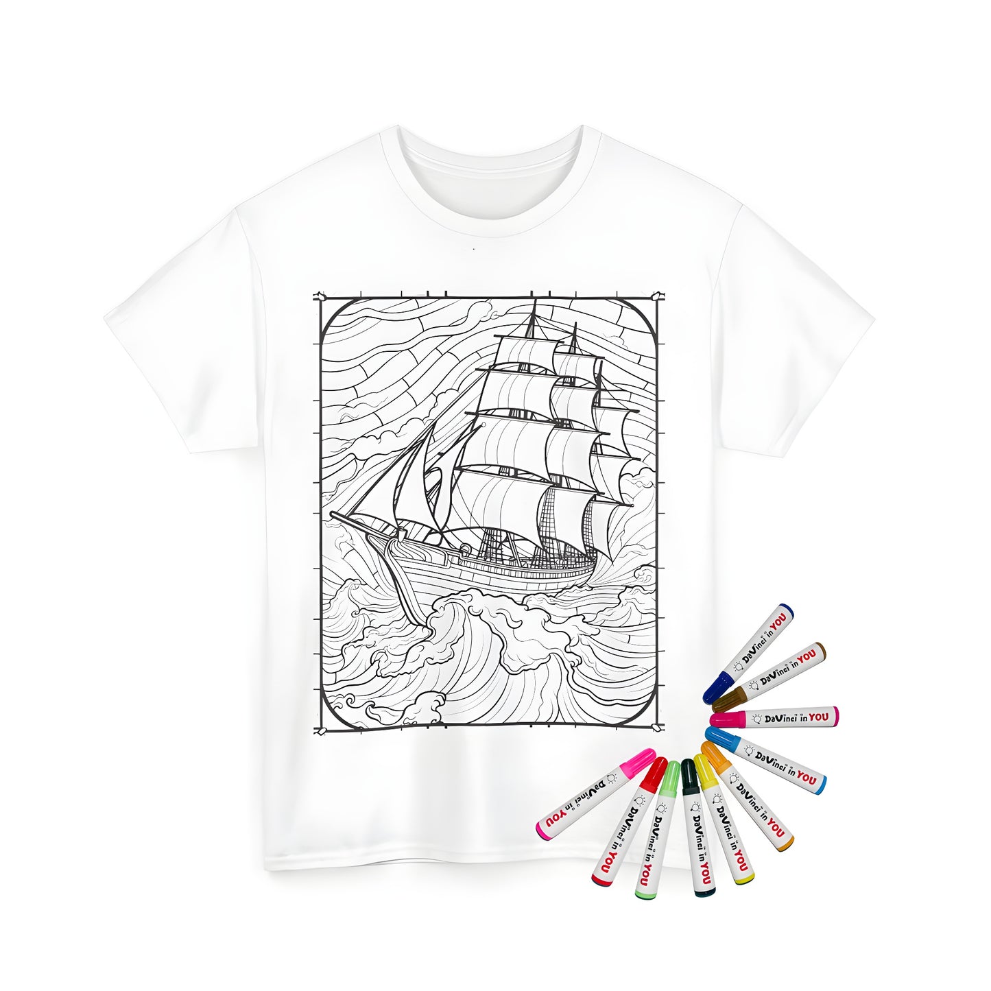 Unisex t-shirt with sailing ship design featuring intricate waves and sails, perfect for coloring with fabric markers.