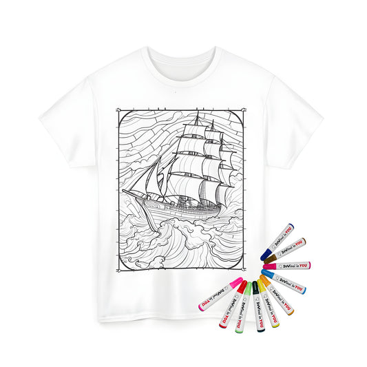 Unisex t-shirt with sailing ship design featuring intricate waves and sails, perfect for coloring with fabric markers.