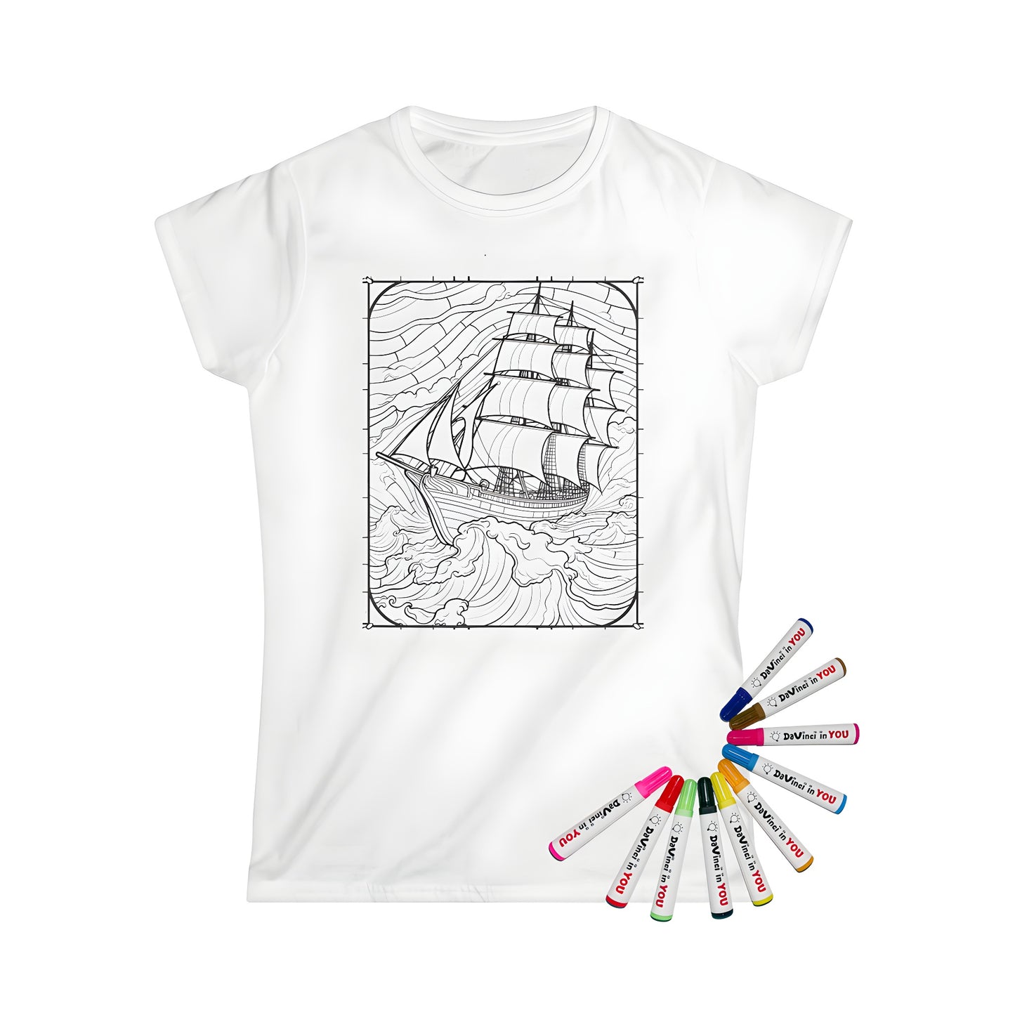 Women's T-shirt with a vibrant sailing boat design featuring a detailed line art of a ship in rough seas