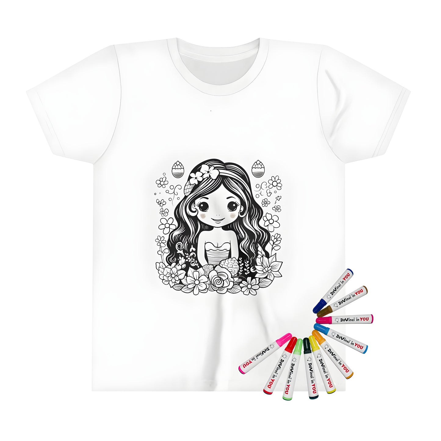 Kid's coloring t-shirt with cute fairy girl illustration, flower crown and long hair design. Floral elements surround the main character