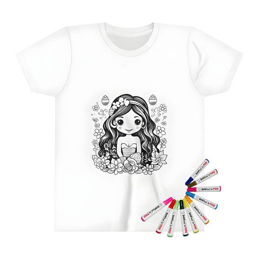 Kid's coloring t-shirt with cute fairy girl illustration, flower crown and long hair design. Floral elements surround the main character