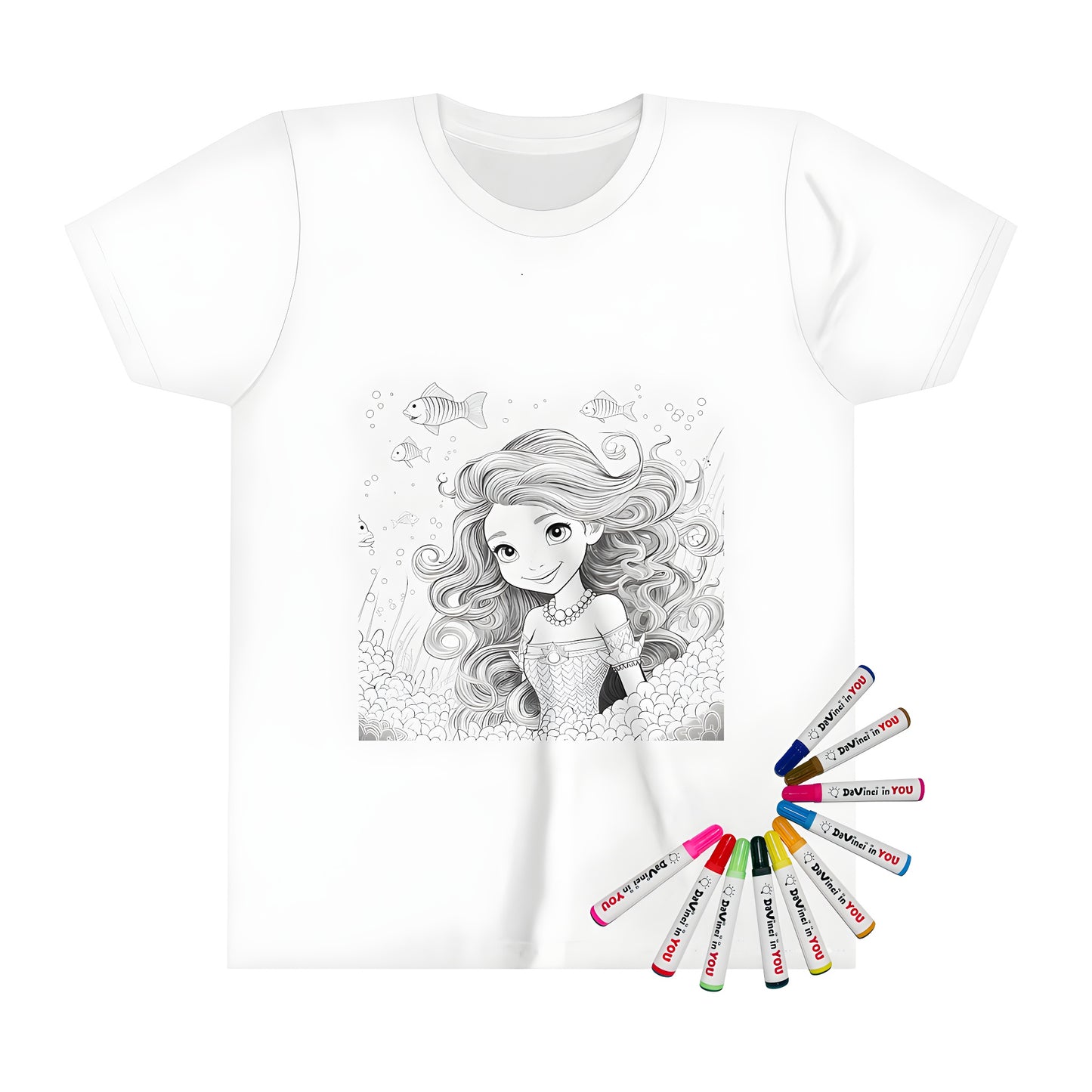 A colorful kid's t-shirt featuring an underwater princess mermaid illustration with flowing hair and fish, perfect for little ones.