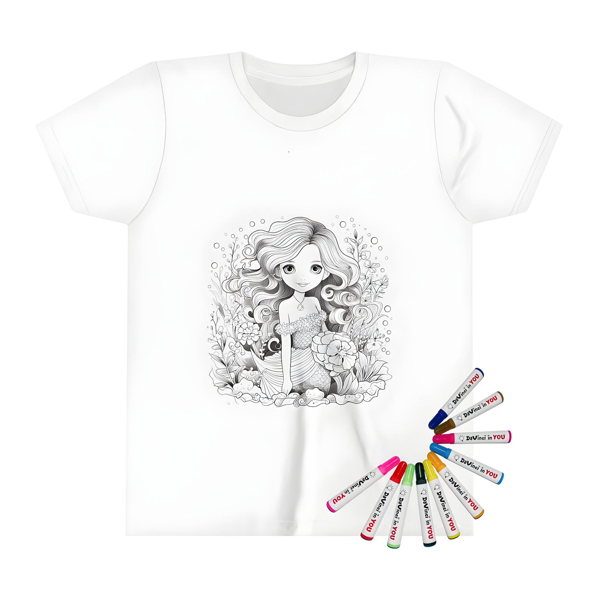 A mermaid t-shirt with a detailed illustration of an underwater scene featuring plants and flowers. Perfect for kids who love ocean creatures.