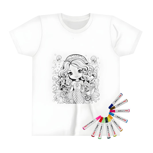 Little girl's colorful t-shirt featuring an adorable mermaid illustration, perfect for kids' parties and playtime