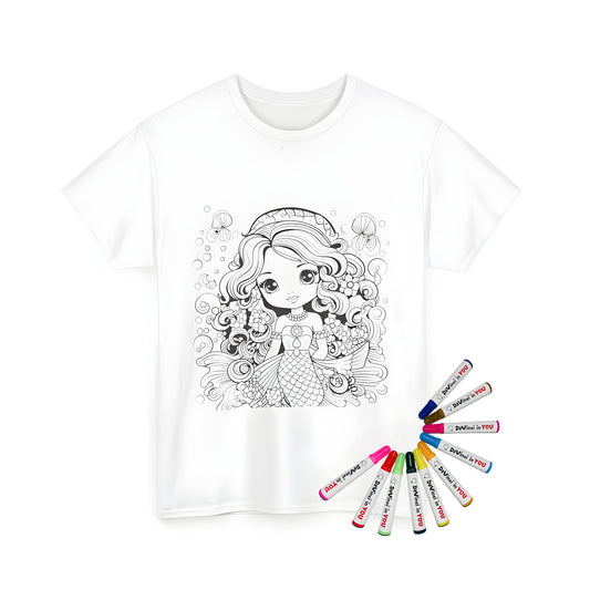 A black and white illustration of a cute mermaid design on a unisex t-shirt, surrounded by flowers, fish, and bubbles