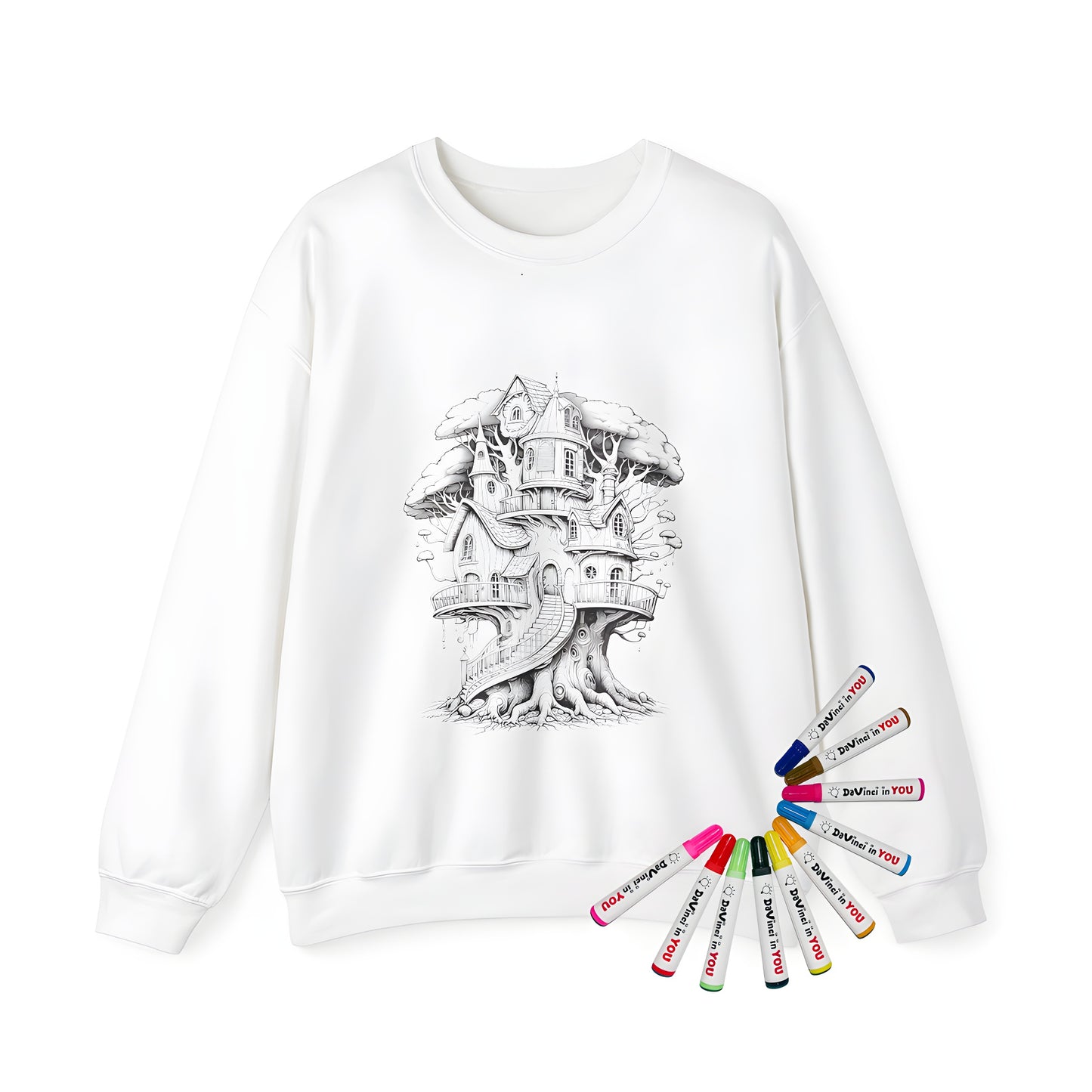 Adult sweatshirt with whimsical fantasy-themed treehouse design featuring wooden houses, staircases and branches