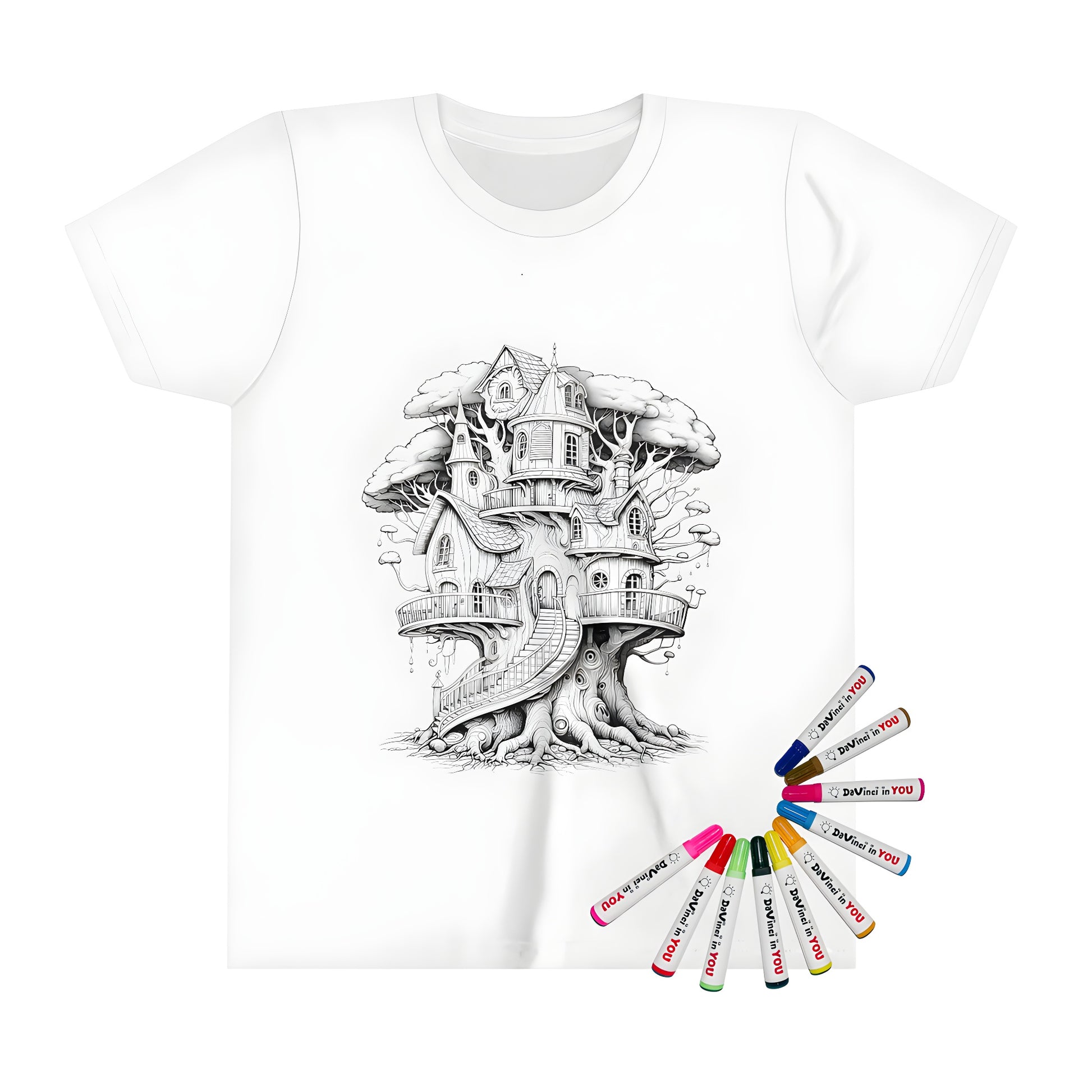 Coloring page inspired kid's t-shirt featuring a whimsical treehouse design with wooden houses and staircases