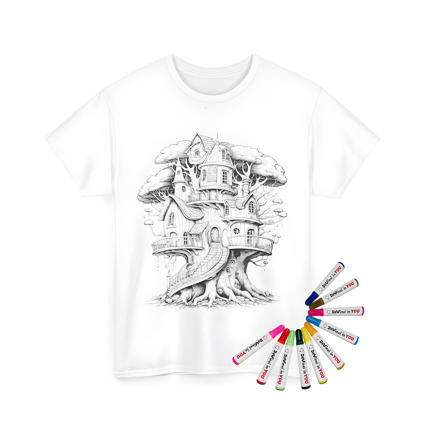 Enchanted treehouse clothing, whimsical wooden houses illustration on unisex t-shirt, Fantasy-themed tee shirt with staircases and branches