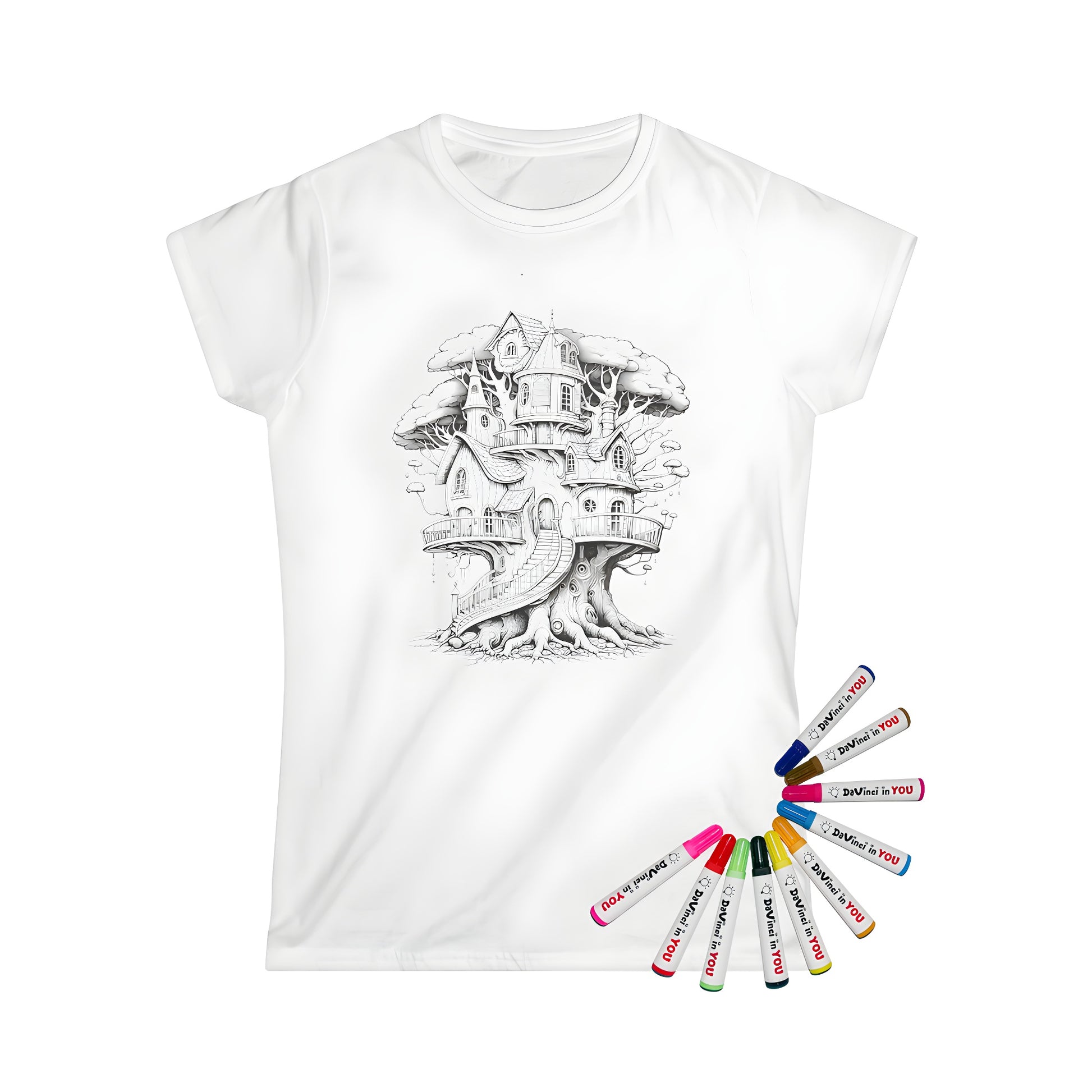 Women's t-shirt with fantasy-themed treehouse design featuring whimsical wooden houses and staircases