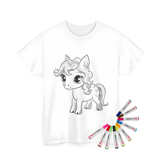 Unisex T-shirt featuring a black and white illustration of a cute baby unicorn coloring page design with large eyes and decorative mane