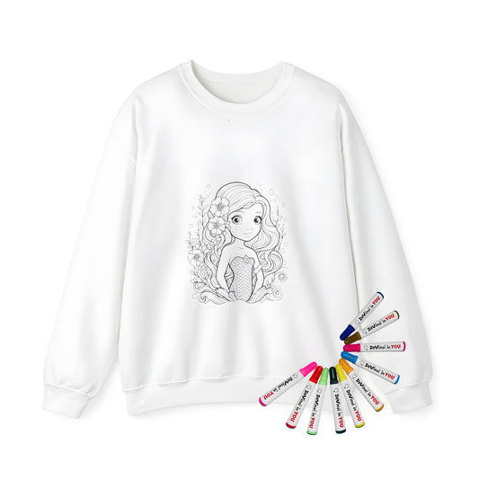 Adult sweatshirt featuring a whimsical mermaid illustration with long hair and floral details