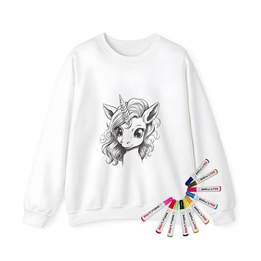 Adult sweatshirt featuring a whimsical black and white unicorn illustration, perfect for coloring enthusiasts. Includes expressive eyes and wavy mane details.