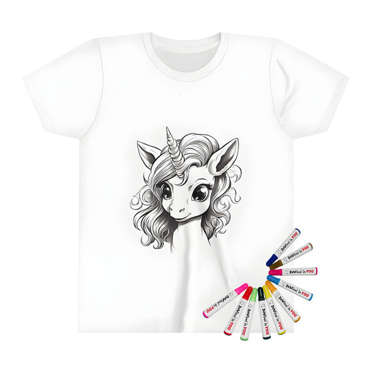 Kids coloring t-shirt with colorful unicorn horse mythical creature design