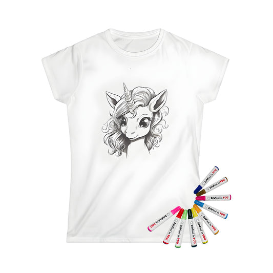 Women's Unicorn T-Shirt with 10 Colored Markers, Colouring Page Design