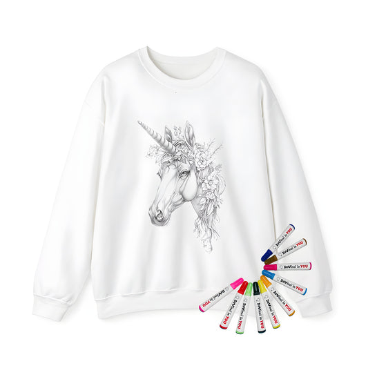 Adult sweatshirt with intricate unicorn illustration, colorful floral patterns and whimsical designs