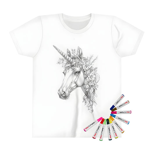 Kid's t-shirt featuring an intricate black and white unicorn illustration with flowers and leaves, surrounded by detailed line art