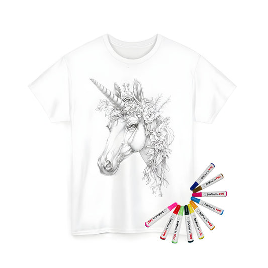 Coloring kit for unisex t-shirt featuring intricate unicorn head illustration with flowers and leaves