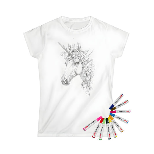 Women's t-shirt featuring an intricate unicorn head design adorned with flowers and leaves in a beautiful black and white illustration. A fun floral unicorn graphic printed on a comfortable women's tee.