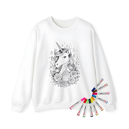 Adult sweatshirt featuring colorful unicorn artwork with flowers and birthday cake