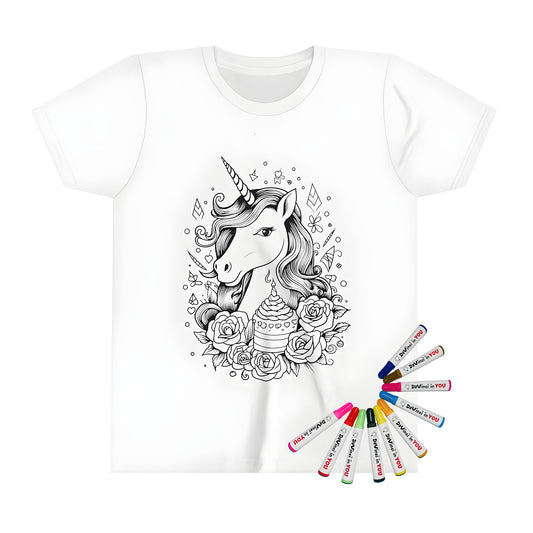 Whimsical unicorn birthday cake coloring page t-shirt illustration