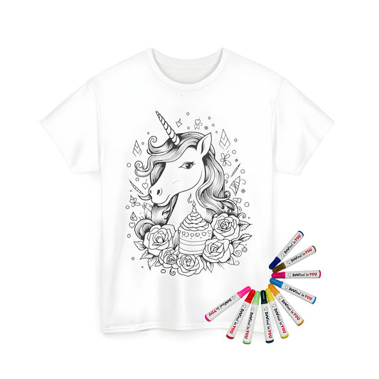 Coloring kit for Unisex T-shirt with unicorn, flowers, birthday cake design