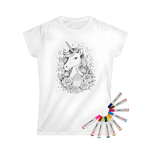 Women's t-shirt with colorful unicorn design, flowers, and birthday cake illustration