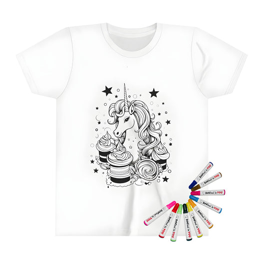 Kids t-shirt featuring colorful unicorn surrounded by cupcakes and stars design for coloring