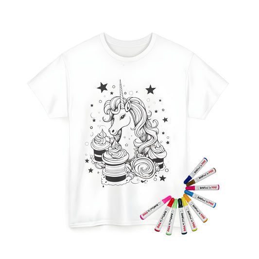 Unisex t-shirt featuring colorful unicorn with sweets and cupcakes design