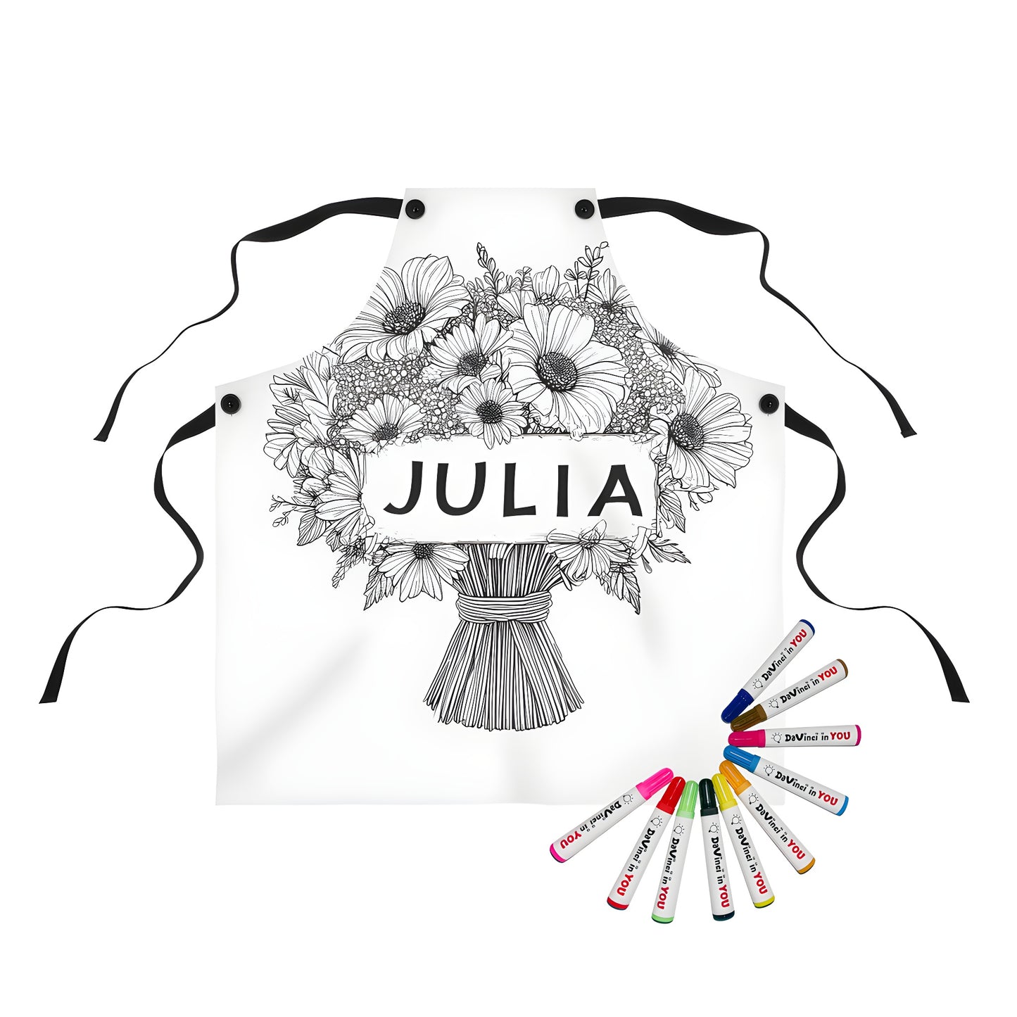 Coloring apron with Black and white flower bouquet design featuring daisies and Julia's name