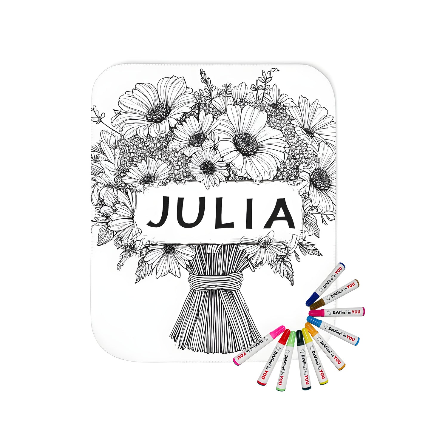 A beautiful blanket featuring a detailed black and white outline of daisies in a bouquet design with the name Julia at its center