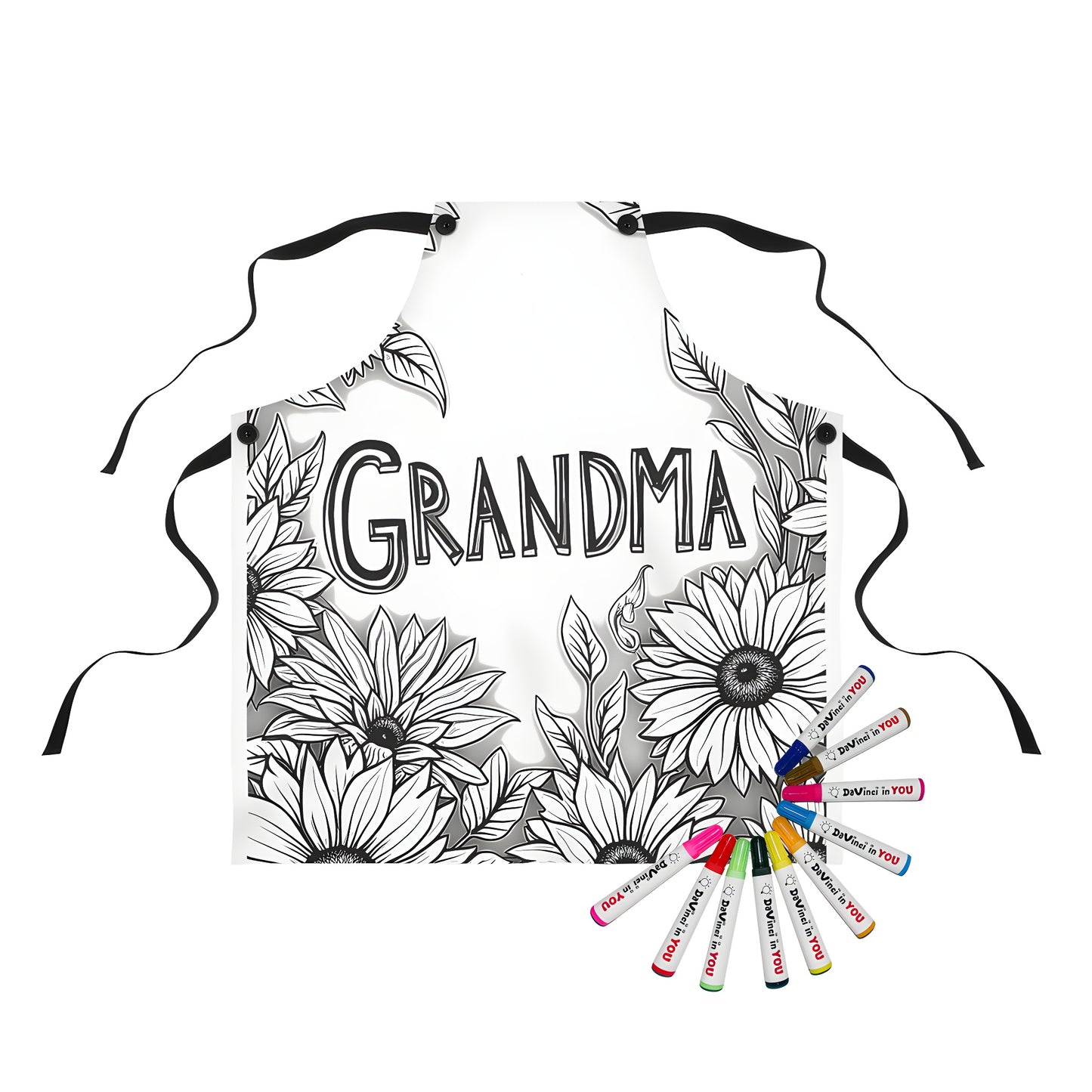 Colorful apron featuring a black and white sunflower design surrounded by detailed illustrations