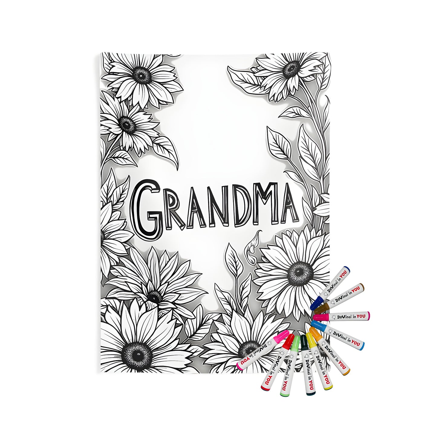 Colorful indoor wall tapestries for sale featuring detailed sunflower designs surrounded by the word 'GRANDMA' in a whimsical coloring page style