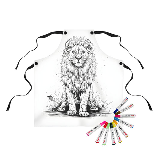 Apron with colorful king lion illustration, featuring regal mane and majestic expression, perfect for kids art supplies