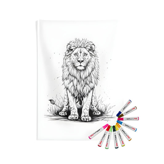 Detailed black and white illustration of a lion with a majestic mane, sitting on the ground with a focused expression. Indoor wall tapestries for bedroom decor.