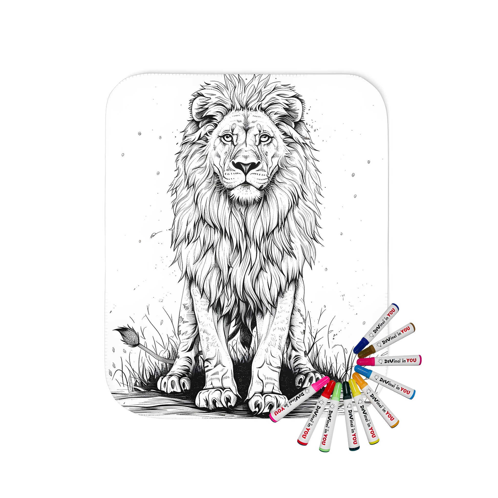 Colorful blanket featuring a detailed illustration of a lion's face with majestic mane