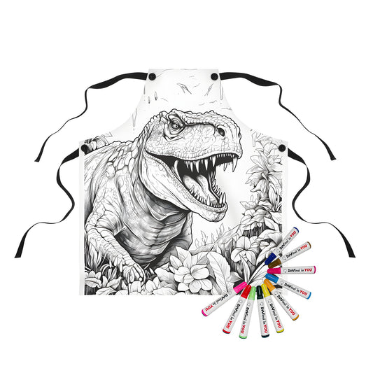 Coloring apron featuring a T-Rex, triceratops, and dinosaur designs in black and white illustration style