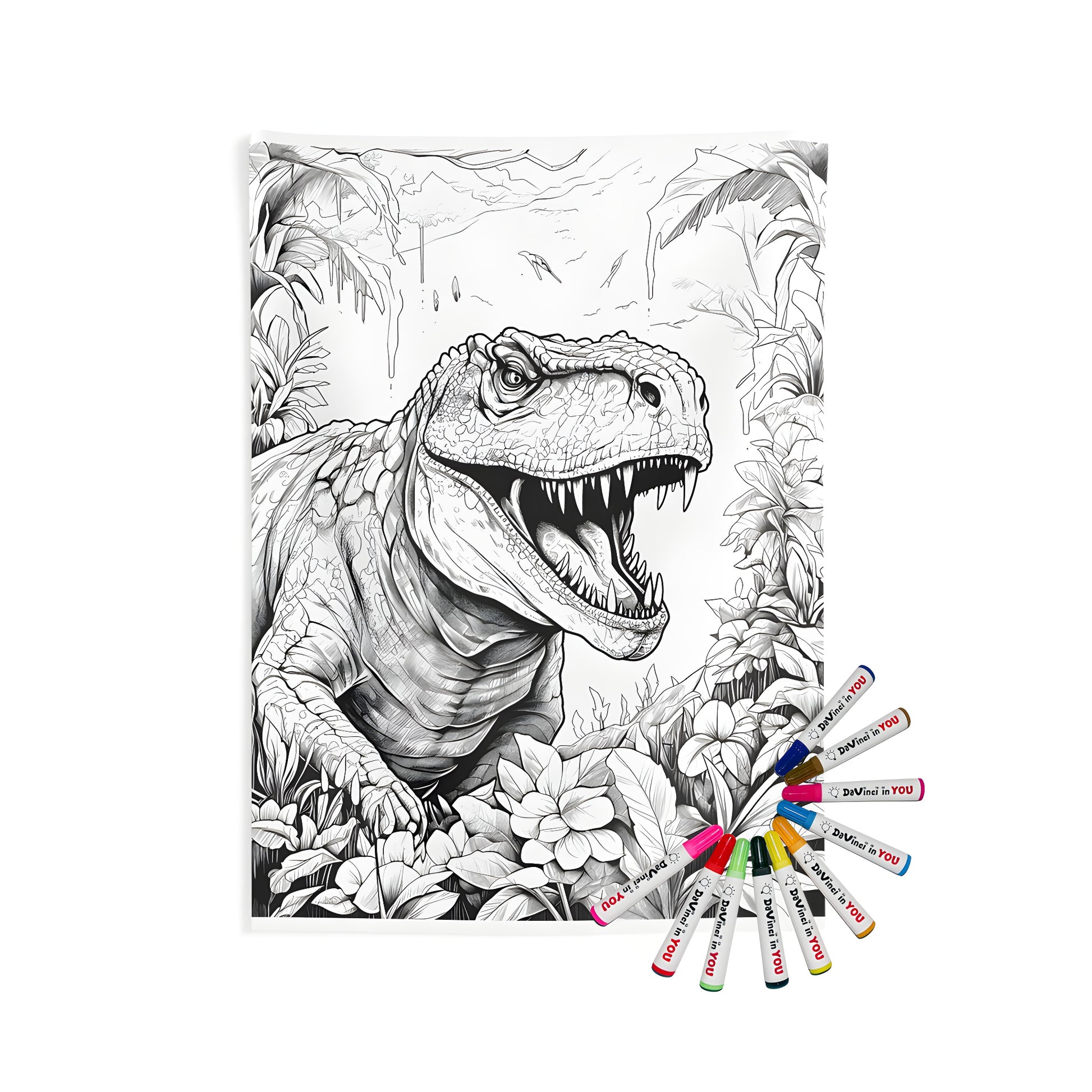 Detailed illustration of a T-Rex dinosaur surrounded by lush jungle plants on an indoor wall tapestry