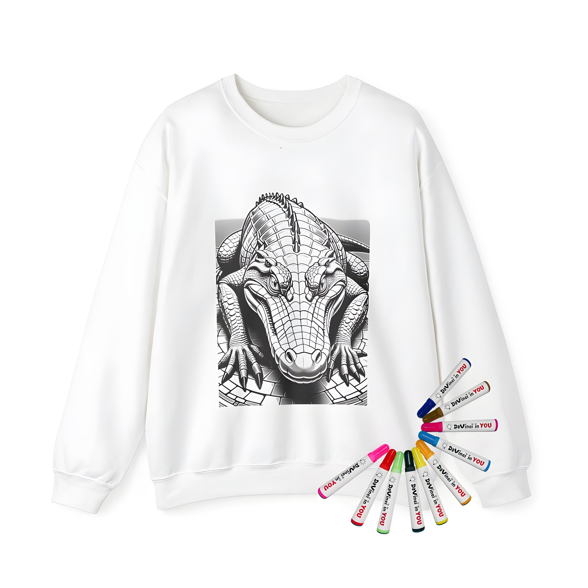 Adult sweatshirt featuring an eye-catching, detailed illustration of a crocodile's textured scales and sharp claws on a high-quality coloring kit