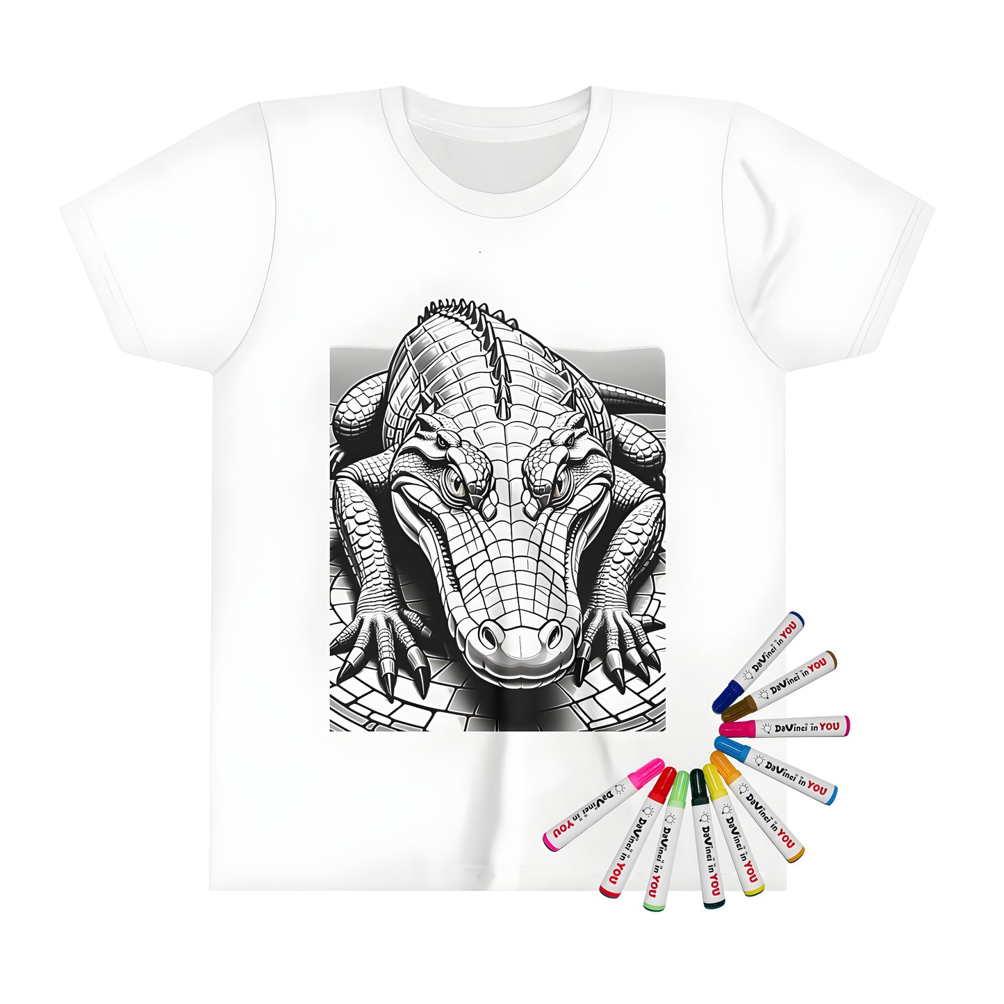 Colorful kid's t-shirt featuring an exciting crocodile illustration with textured scales and sharp claws