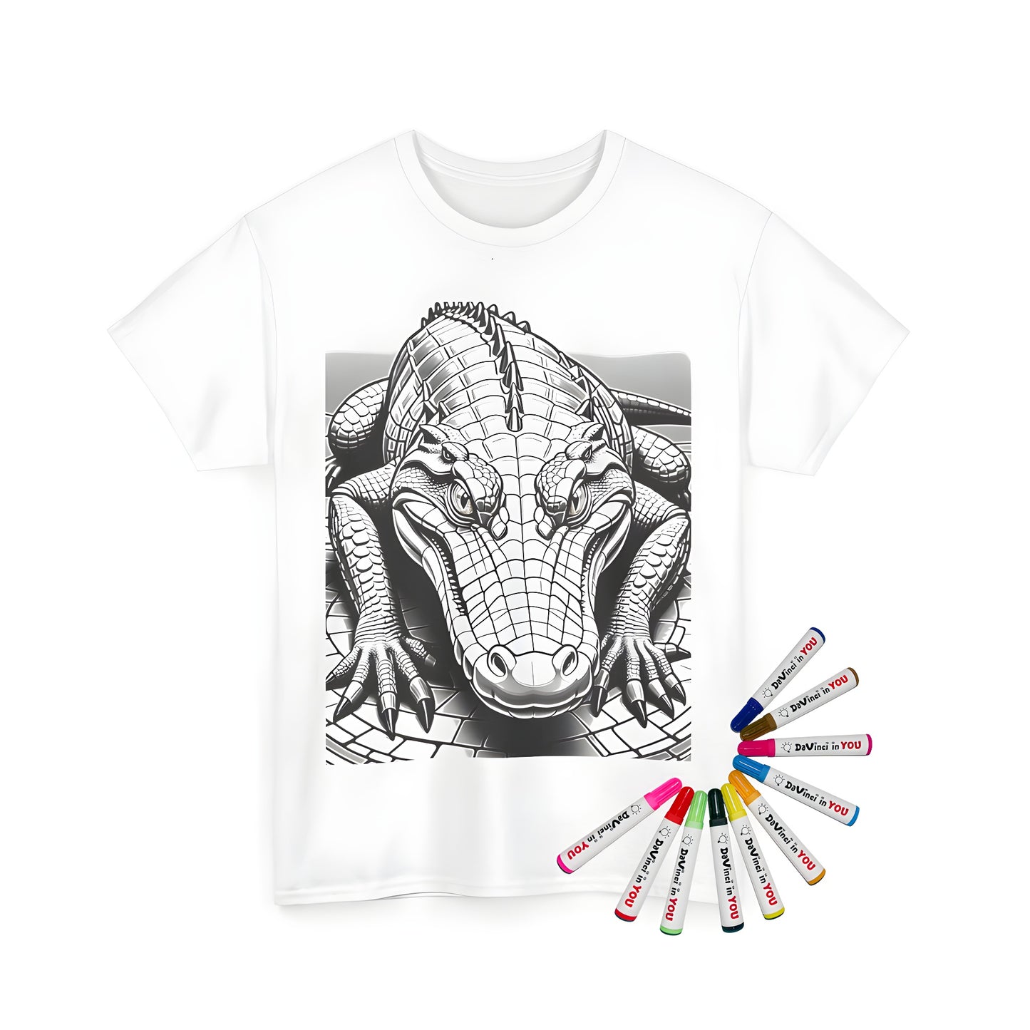 Unisex T-shirt featuring a vibrant coloring page design of a reptile, synonymous with swampy lands and ancient times