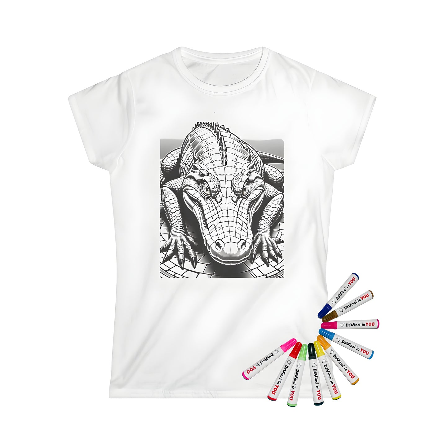 Women's T-shirt with vibrant coloring kit design of reptile, prehistoric animal and ancient creature featuring textured scales and sharp claws