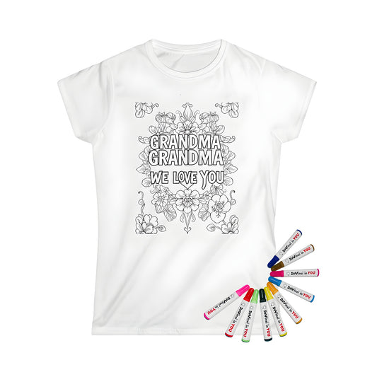 Women's graphic t-shirt with colorful floral design featuring loving grandma phrases