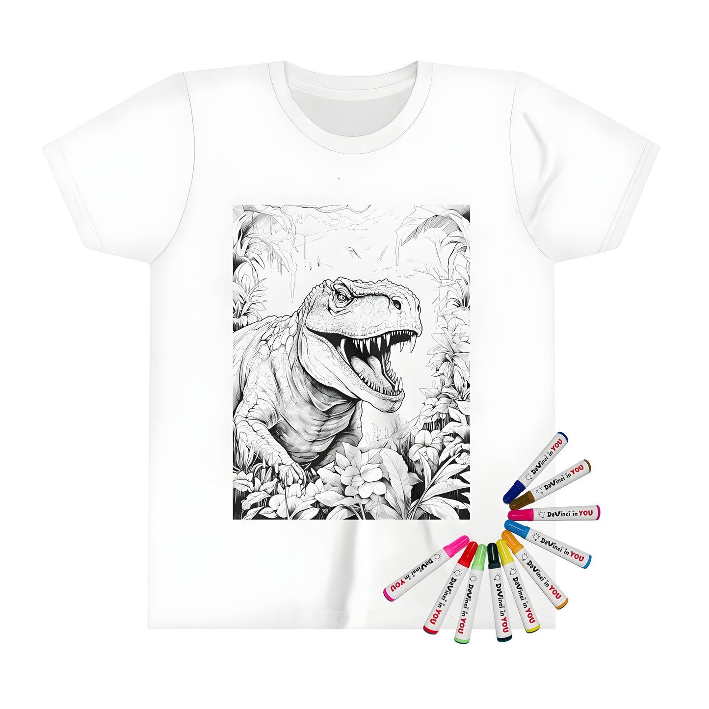 Kids' t-shirt featuring a colorful roaring T-Rex illustration with jungle plants