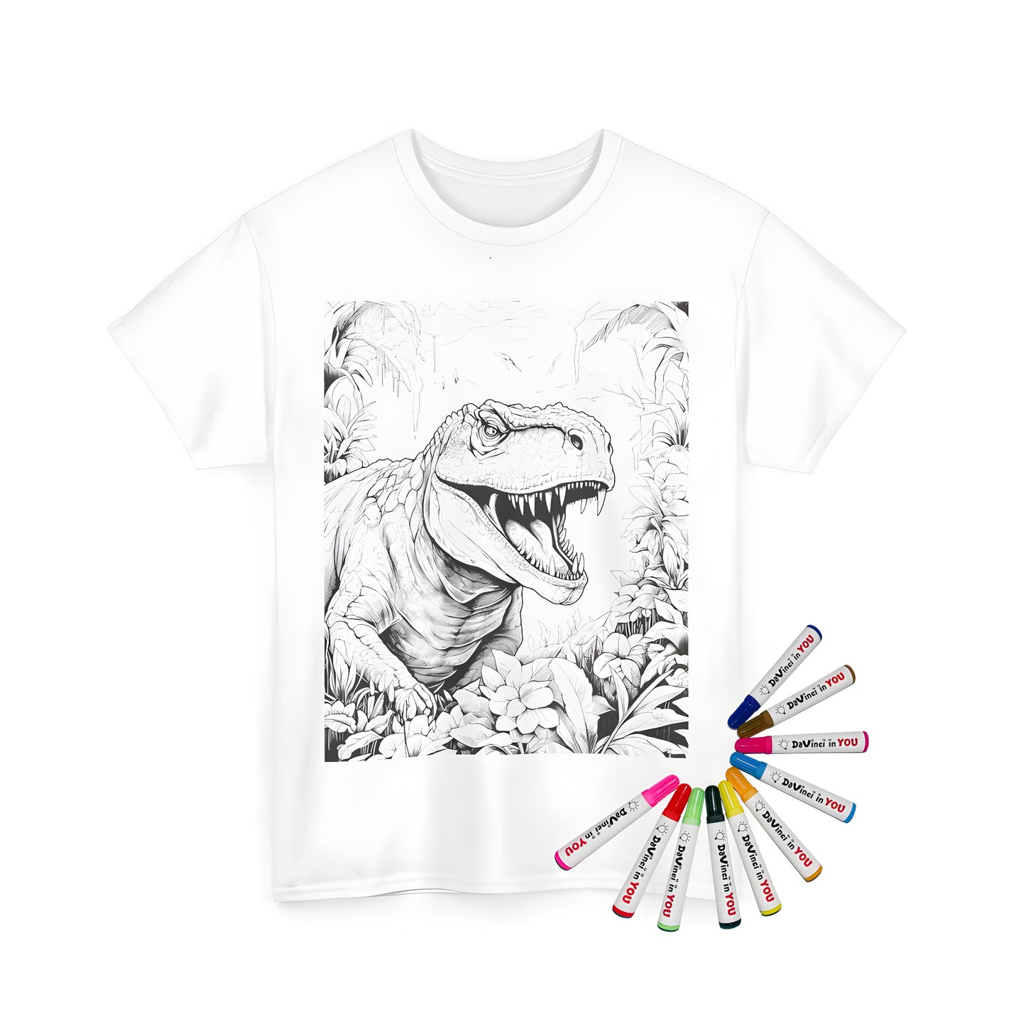 Coloring kit for unisex t-shirt featuring a detailed illustration of a roaring dinosaur, also known as a king of the tyrants, T-Rex, Rexy