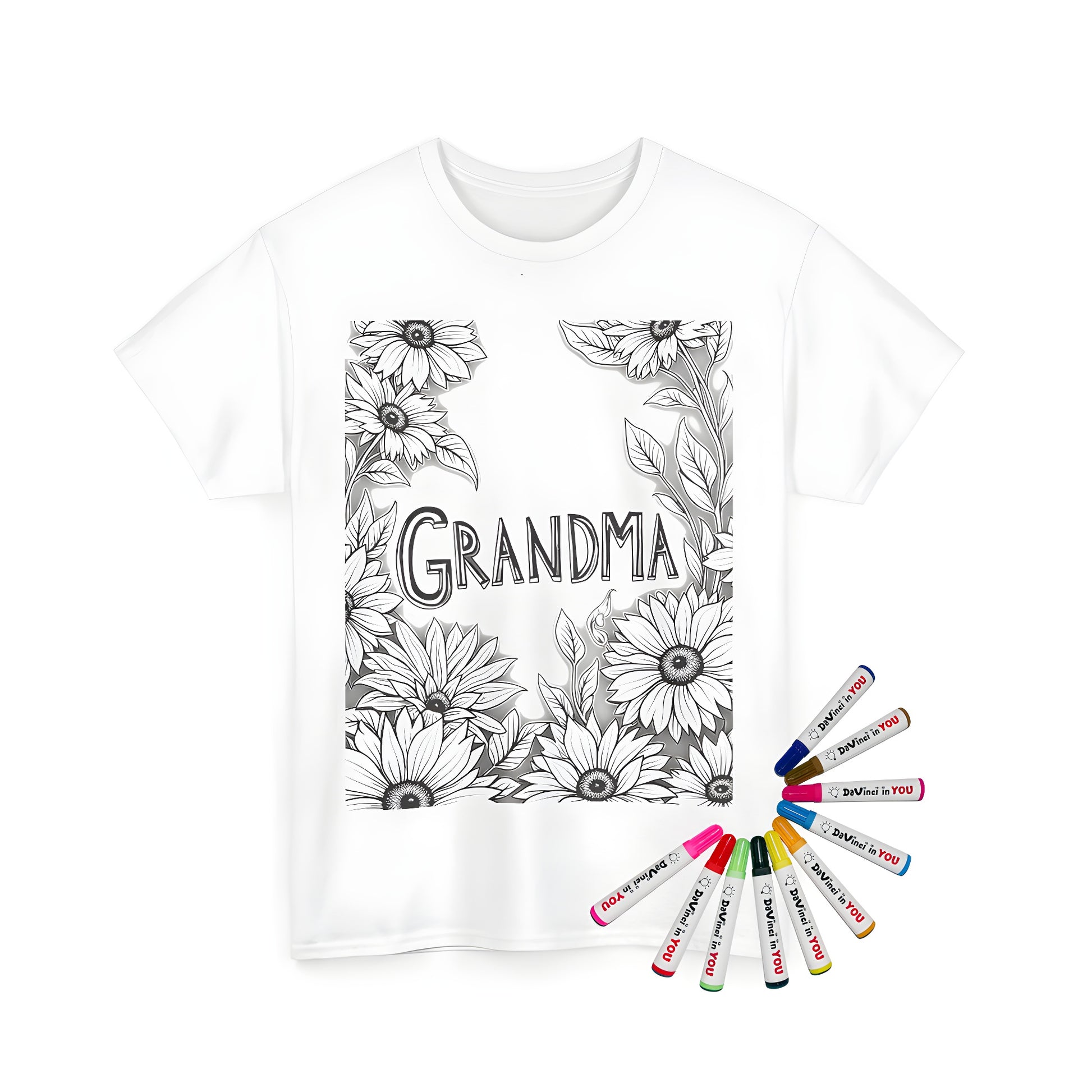 A black and white coloring page of sunflowers surrounded by detailed petals surrounding the word 'GRANDMA' on a unisex t-shirt, perfect for grandma's love