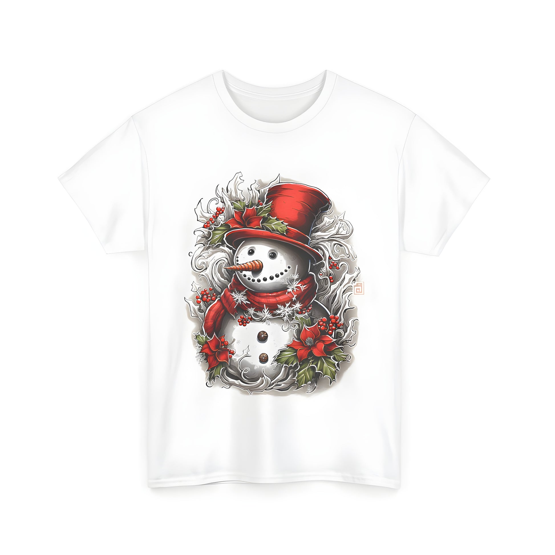 Colorful unisex t-shirt featuring a fun winter scene of a snowman wearing a red hat and scarf, surrounded by holly leaves and snowflakes