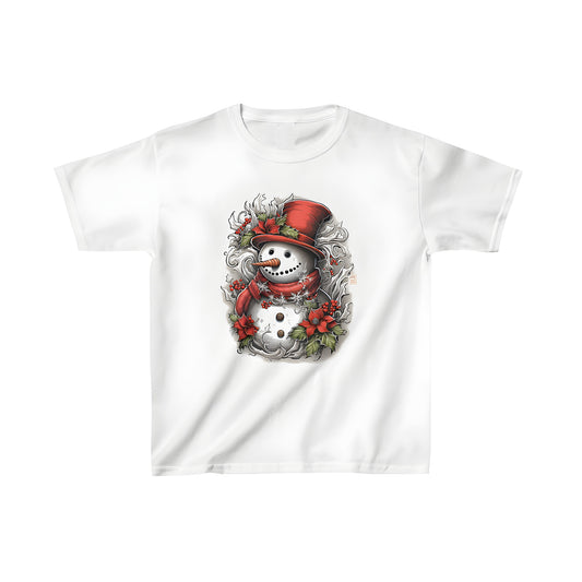 Kid's t-shirt featuring a winter wonderland character, a merry snowman wearing a red hat and scarf with holly leaves and snowflakes